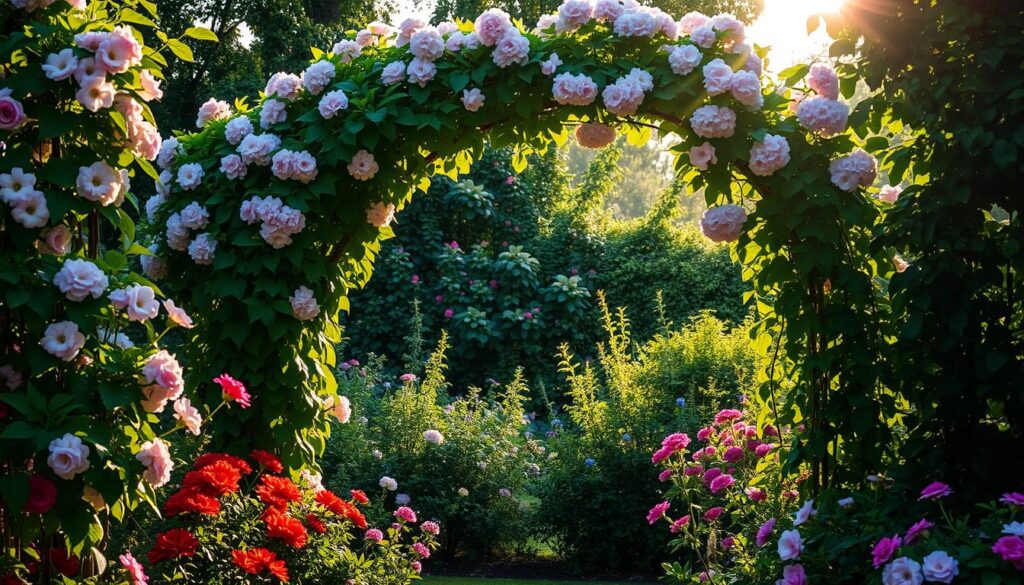 Vine-covered garden arch in landscape design